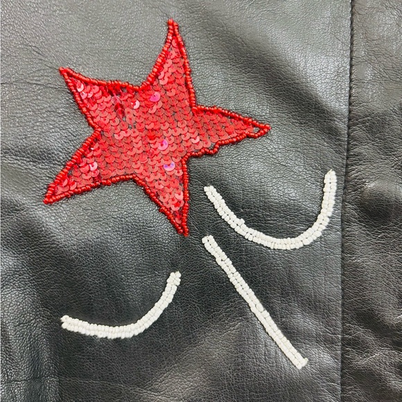 Black Leather Jacket with USA Flag, Red Stars, Small - Picture 3 of 8